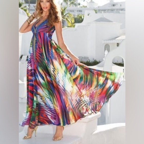 BOSTON PROPER Multicolor Swirl Embellished Maxi Dress Resortwear Vacation - Picture 1 of 12